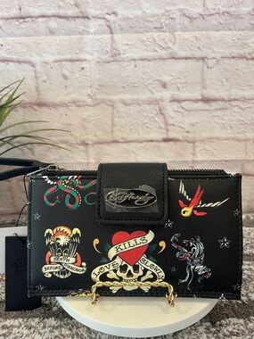 Ed Hardy Black Wristlet with Red, Yellow and Cream Tattoo Motifs